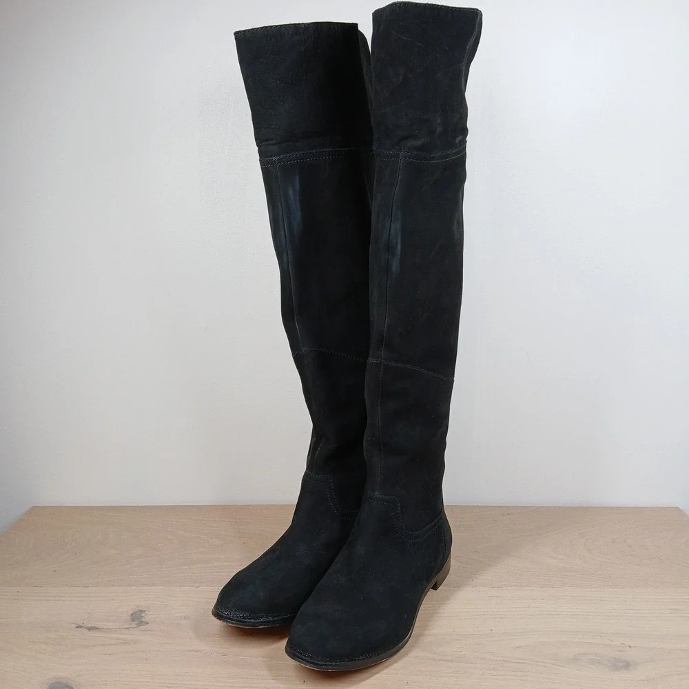 Wythe NY Rashel Over the Knee Boots Womens 7 Black Suede Side Zip Flat
